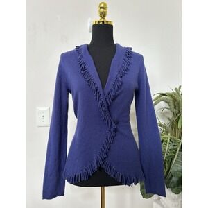Evelyn Grace 100% Cashmere Fringe Wrap Cardigan Sweater Purple S Whimsigoth Y2K